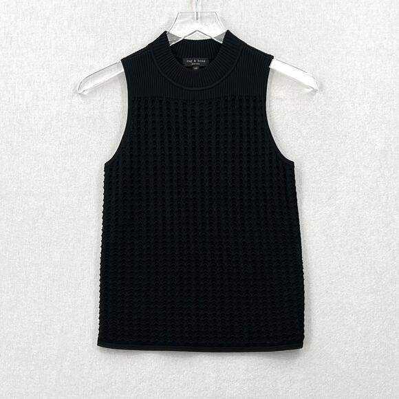 RAG AND BONE Ingrid Sleeveless Mock Neck Top Womens XS Black Open Knit Ribbed - Picture 3 of 14